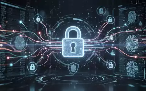 Sichere digitale Transaktionsoberfläche mit leuchtenden Linien, Vorhängeschloss-Symbol und abstraktem Datenfluss zur Betrugserkennung. - Foto: über boerse-global.de