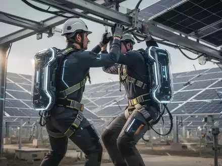 Ein Arbeiter trägt ein futuristisches passives Exoskelett, das ihn bei einer Hebebewegung in einer industriellen Umgebung unterstützt. - Foto: über boerse-global.de
