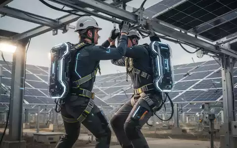 Ein Arbeiter trägt ein futuristisches passives Exoskelett, das ihn bei einer Hebebewegung in einer industriellen Umgebung unterstützt. - Foto: über boerse-global.de
