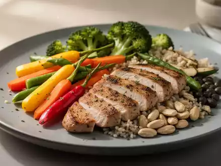 Ein Teller mit einer bunten, gesunden Mahlzeit, die reich an entzündungshemmenden Lebensmitteln wie Gemüse und magerem Protein ist. - Foto: über boerse-global.de