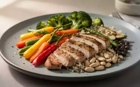 Ein Teller mit einer bunten, gesunden Mahlzeit, die reich an entzündungshemmenden Lebensmitteln wie Gemüse und magerem Protein ist. - Foto: über boerse-global.de