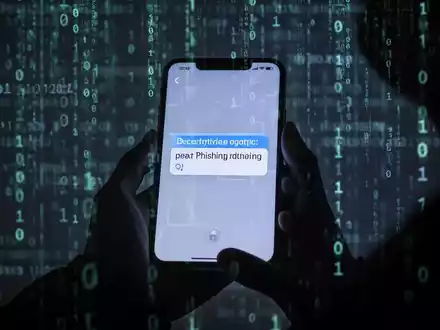 Eine Hand hält ein Smartphone mit einer Phishing-Nachricht, im Hintergrund verschwommene digitale Codes und Binärströme. - Foto: über boerse-global.de