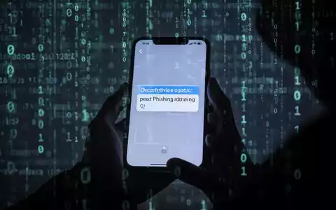 Eine Hand hält ein Smartphone mit einer Phishing-Nachricht, im Hintergrund verschwommene digitale Codes und Binärströme. - Foto: über boerse-global.de