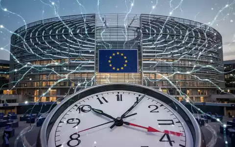 Digitales Overlay leuchtender neuronaler Netzlinien auf dem Europäischen Parlament, mit einem Zifferblatt im Vordergrund. - Foto: über boerse-global.de