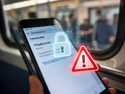 Nahaufnahme eines Smartphones mit einer Phishing-E-Mail auf dem Bildschirm, überlagert von einem digitalen Vorhängeschloss und einem Warnsymbol. - Foto: über boerse-global.de
