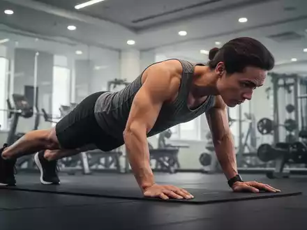 Eine Person in perfekter Plank-Position in einem modernen Fitnessstudio, die Rumpfmuskulatur und Ausdauer demonstriert. - Foto: über boerse-global.de