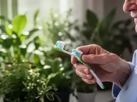 Eine Nahaufnahme der Hand einer älteren Person, die eine Zahnbürste hält, mit einem unscharfen Hintergrund aus grünen Pflanzen. - Foto: über boerse-global.de
