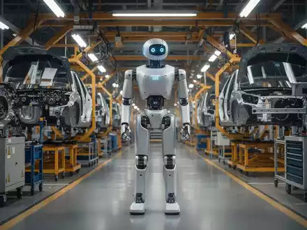 Ein humanoider Roboter steht auf einer Fabrikhalle und symbolisiert die Integration von KI und Robotik in der Automobilindustrie. - Foto: über boerse-global.de