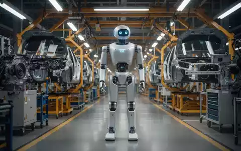 Ein humanoider Roboter steht auf einer Fabrikhalle und symbolisiert die Integration von KI und Robotik in der Automobilindustrie. - Foto: über boerse-global.de