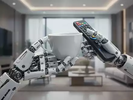 Detailaufnahme einer humanoiden Roboterhand mit komplexen Fingergelenken, die sanft einen kleinen Haushaltsgegenstand greift. - Foto: über boerse-global.de