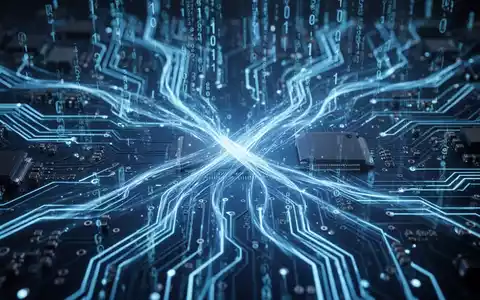 Abstrakte blaue Lichtströme fließen über eine dunkle Leiterplatte, symbolisieren digitale Daten und Systemwiederherstellung in Windows 11. - Foto: über boerse-global.de