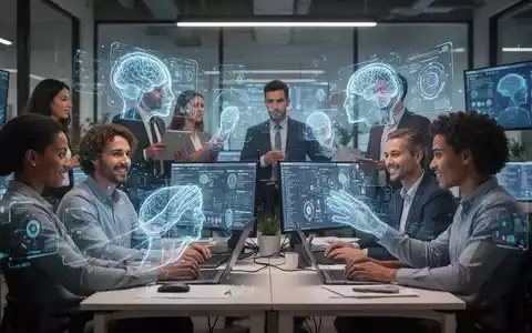 Fachleute verschiedener Bereiche arbeiten in einem modernen Büro mit KI-Oberflächen auf Bildschirmen, Symbol für KI-Training und Arbeitsanpassung. - Foto: über boerse-global.de