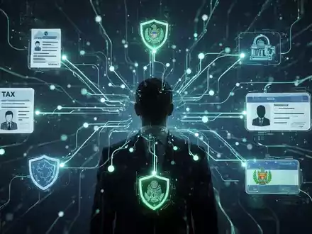 Abstrakte digitale Illustration sicherer Datenverbindungen zwischen einer Personensilhouette und Regierungsdienstsymbolen. - Foto: über boerse-global.de