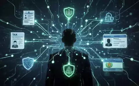 Abstrakte digitale Illustration sicherer Datenverbindungen zwischen einer Personensilhouette und Regierungsdienstsymbolen. - Foto: über boerse-global.de