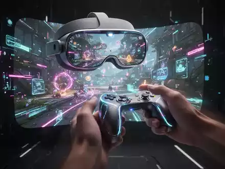 Apple Vision Pro Headset zeigt ein Virtual-Reality-Spiel, eine Hand mit Controller greift in die Szene. - Foto: über boerse-global.de