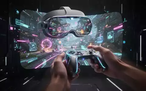 Apple Vision Pro Headset zeigt ein Virtual-Reality-Spiel, eine Hand mit Controller greift in die Szene. - Foto: über boerse-global.de