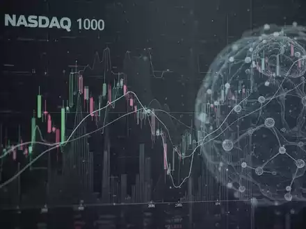 Abstrakte Darstellung des NASDAQ 100-Index mit subtilen digitalen Linien und KI-Elementen, die Skepsis und eine Verlangsamung andeuten. - Foto: über boerse-global.de