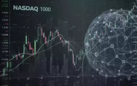 Abstrakte Darstellung des NASDAQ 100-Index mit subtilen digitalen Linien und KI-Elementen, die Skepsis und eine Verlangsamung andeuten. - Foto: über boerse-global.de