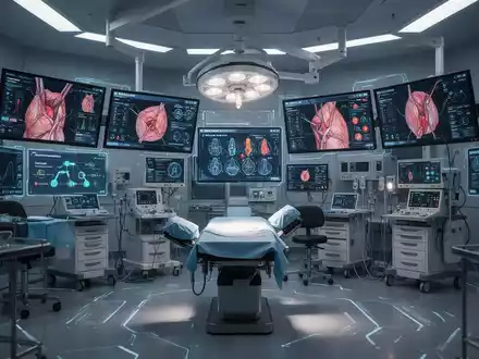 Hochmoderner Operationssaal mit digitalen Bildschirmen für Patientendaten und OP-Abläufe. - Foto: über boerse-global.de