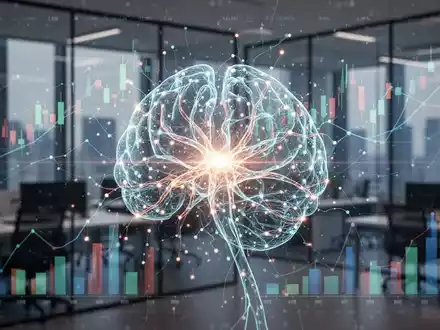 Eine stilisierte, leuchtende neuronale Netzwerkgrafik über Finanzdaten und einem modernen Bürohintergrund, die KI-Automatisierung darstellt. - Foto: über boerse-global.de