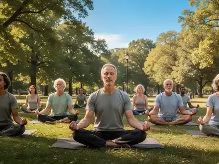 Eine vielfältige Gruppe von Menschen meditiert achtsam im Freien in einem sonnigen Park, um mentales Wohlbefinden zu fördern. - Foto: über boerse-global.de