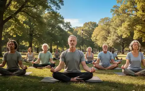Eine vielfältige Gruppe von Menschen meditiert achtsam im Freien in einem sonnigen Park, um mentales Wohlbefinden zu fördern. - Foto: über boerse-global.de