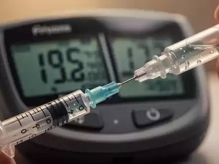Eine Nahaufnahme einer medizinischen Spritze, die Insulin für eine Injektion vorbereitet, mit einem unscharfen Blutzuckermessgerät im Hintergrund, das hohe Werte anzeigt. - Foto: über boerse-global.de