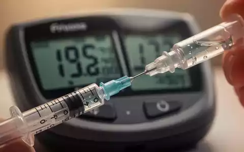 Eine Nahaufnahme einer medizinischen Spritze, die Insulin für eine Injektion vorbereitet, mit einem unscharfen Blutzuckermessgerät im Hintergrund, das hohe Werte anzeigt. - Foto: über boerse-global.de