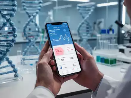 Hände halten ein Smartphone mit Blutdruckwerten, im Hintergrund verschwommen ein medizinisches Labor mit DNA-Modellen. - Foto: über boerse-global.de