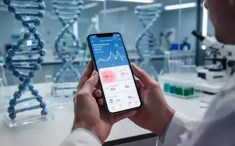 Hände halten ein Smartphone mit Blutdruckwerten, im Hintergrund verschwommen ein medizinisches Labor mit DNA-Modellen. - Foto: über boerse-global.de