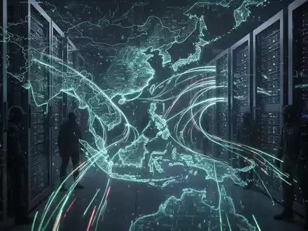 Digitale Grafik mit leuchtenden Linien, die eine Karte Südostasiens mit Serverracks verbinden, symbolisiert einen Cyberangriff auf Infrastruktur. - Foto: über boerse-global.de