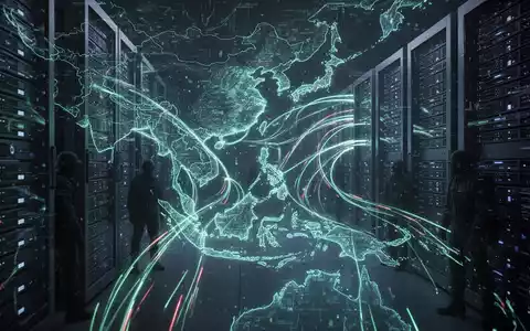 Digitale Grafik mit leuchtenden Linien, die eine Karte Südostasiens mit Serverracks verbinden, symbolisiert einen Cyberangriff auf Infrastruktur. - Foto: über boerse-global.de