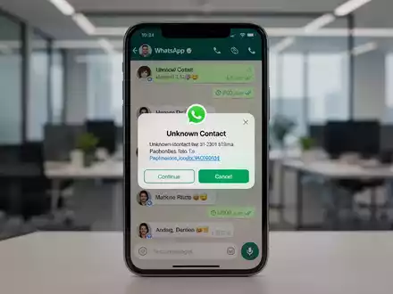Ein Smartphone-Bildschirm zeigt eine WhatsApp-Sicherheitswarnung für eine unbekannte Nummer mit Optionen zum Fortfahren oder Abbrechen. - Foto: über boerse-global.de