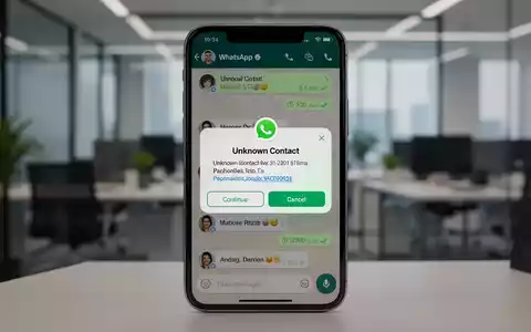 Ein Smartphone-Bildschirm zeigt eine WhatsApp-Sicherheitswarnung für eine unbekannte Nummer mit Optionen zum Fortfahren oder Abbrechen. - Foto: über boerse-global.de