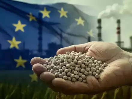 Düngemittelpellets in der Hand eines Landwirts, mit verschwommenem Hintergrund, der die EU-Flagge und Industrieschornsteine zeigt. - Foto: über boerse-global.de