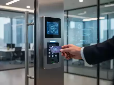 Eine Hand, die eine Zugangskarte an ein modernes Zutrittskontrollsystem in einem Bürogebäude hält, symbolisiert Datenschutz und Sicherheit. - Foto: über boerse-global.de