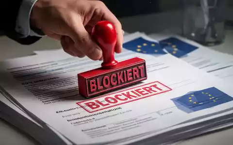 Eine Nahaufnahme einer Hand, die einen roten Stempel mit der Aufschrift „BLOCKIERT“ auf Dokumente zu EU-Richtlinien und Arbeitsgesetzen drückt. - Foto: über boerse-global.de