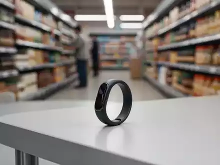 Ein minimalistisches, modernes Gesundheits-Wearable liegt auf einer Oberfläche, mit einem verschwommenen Supermarktgang im Hintergrund. - Foto: über boerse-global.de