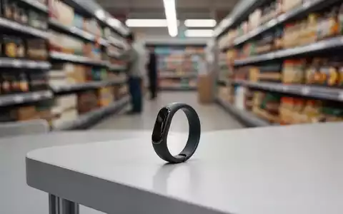 Ein minimalistisches, modernes Gesundheits-Wearable liegt auf einer Oberfläche, mit einem verschwommenen Supermarktgang im Hintergrund. - Foto: über boerse-global.de