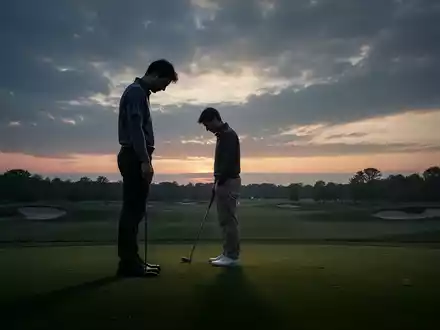 Ein einsamer Golfer steht auf einem weitläufigen Golfplatz bei Sonnenuntergang, nachdenklich und mit locker gehaltenem Golfschläger. - Foto: über boerse-global.de