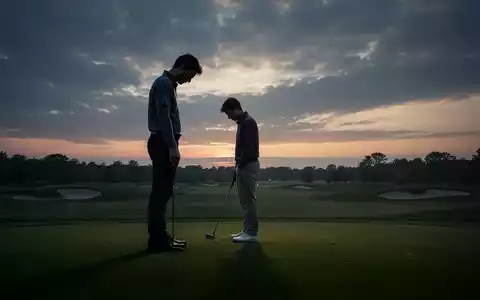 Ein einsamer Golfer steht auf einem weitläufigen Golfplatz bei Sonnenuntergang, nachdenklich und mit locker gehaltenem Golfschläger. - Foto: über boerse-global.de