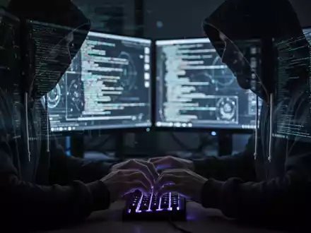 Eine Person im Kapuzenpullover, beleuchtet von Computerbildschirmen, tippt schnell auf einer Tastatur. Visualisiert Datendiebstahl und Cyberkriminalität. - Foto: über boerse-global.de
