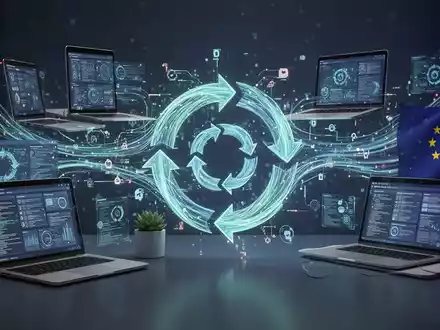 Digitale Datenströme und Symbole der Kreislaufwirtschaft, die sich zwischen Geräten und einem EU-Logo verbinden. - Foto: über boerse-global.de
