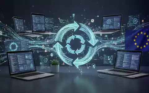 Digitale Datenströme und Symbole der Kreislaufwirtschaft, die sich zwischen Geräten und einem EU-Logo verbinden. - Foto: über boerse-global.de