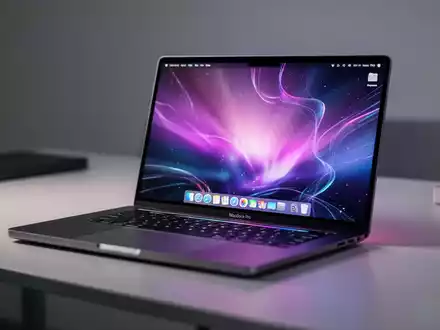 Nahaufnahme eines eleganten, modernen MacBook Pro mit lebendigem Touchscreen und futuristischem Betriebssystem. - Foto: über boerse-global.de