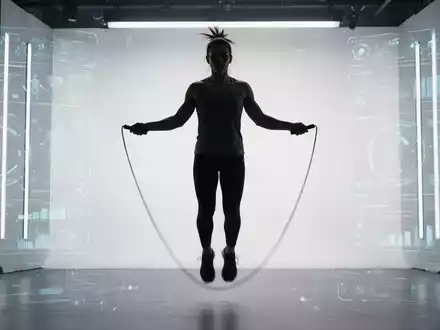 Eine Person springt Seil und führt dabei Double Unders aus, dynamisch vor einem modernen Studiohintergrund mit digitalen Fitness-Elementen. - Foto: über boerse-global.de