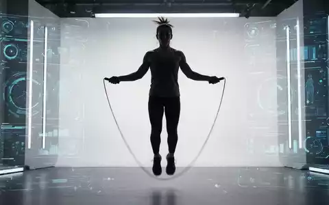 Eine Person springt Seil und führt dabei Double Unders aus, dynamisch vor einem modernen Studiohintergrund mit digitalen Fitness-Elementen. - Foto: über boerse-global.de