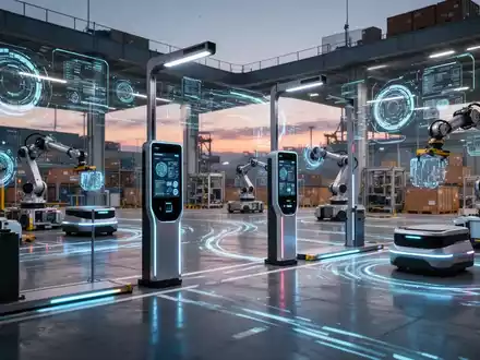 Ein futuristisches Logistikzentrum bei Dämmerung mit digitalen Checkpoints, autonomen Fahrzeugen und automatisierten Systemen. - Foto: über boerse-global.de