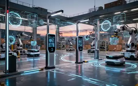 Ein futuristisches Logistikzentrum bei Dämmerung mit digitalen Checkpoints, autonomen Fahrzeugen und automatisierten Systemen. - Foto: über boerse-global.de