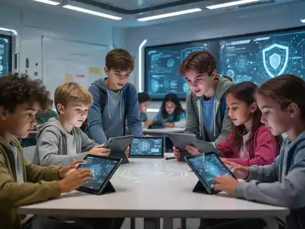 Junge deutsche Schüler interagieren mit Tablets und großen Bildschirmen in einem modernen Klassenzimmer, mit Fokus auf digitale Bildung und Jugendschutz. - Foto: über boerse-global.de